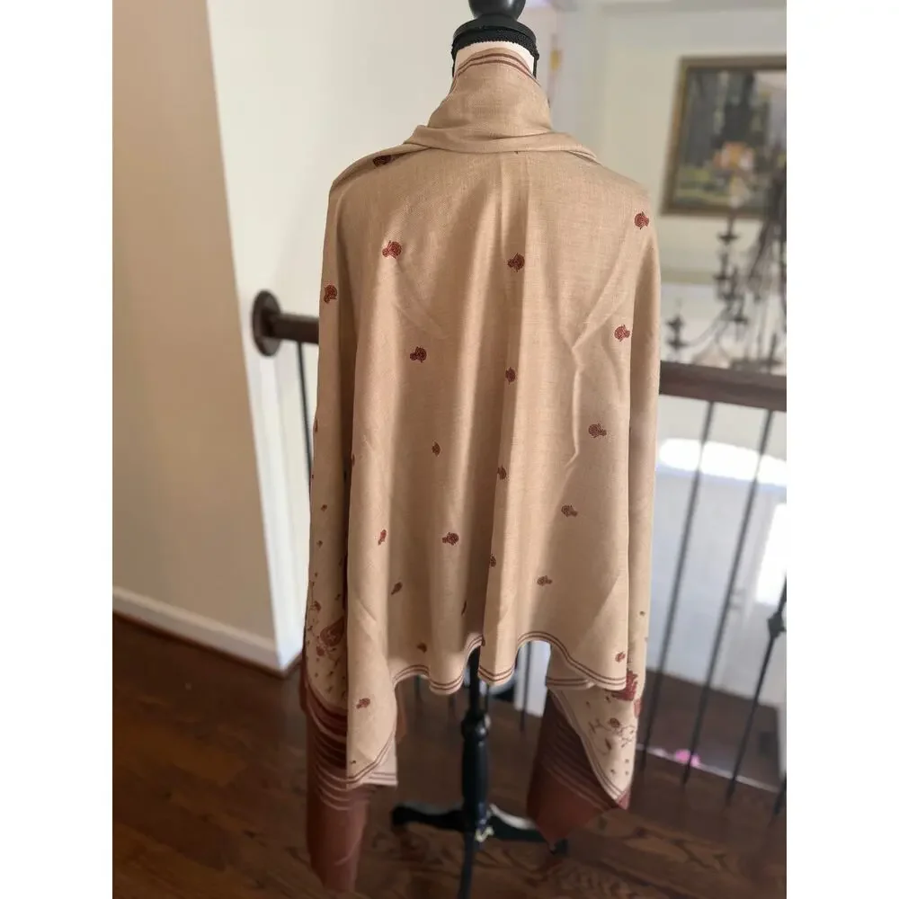 Taupe & Warm Brown Indian Block Print Embroidered Oversize Shawl Pashmina Scarf